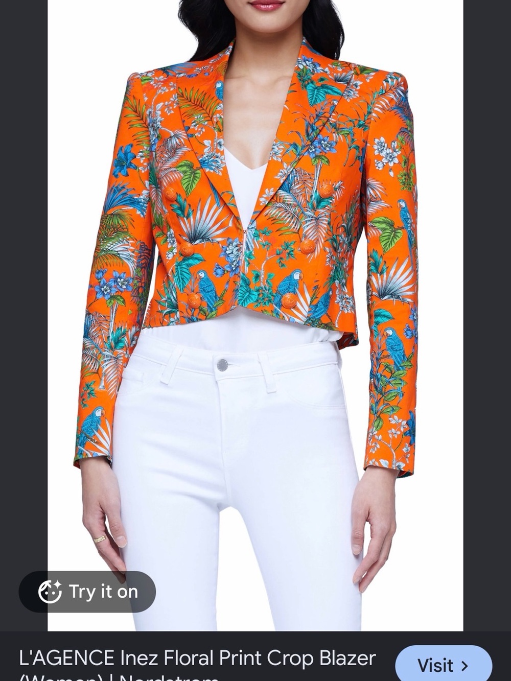 L'AGENCE Inez Orange Tropical Parrot Print Cropped Blazer - Picture 9 of 9
